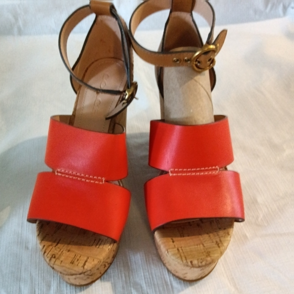 COACH Isla Wedge Heel Sandal Geranium Orange Leather Size 7 - Picture 2 of 10